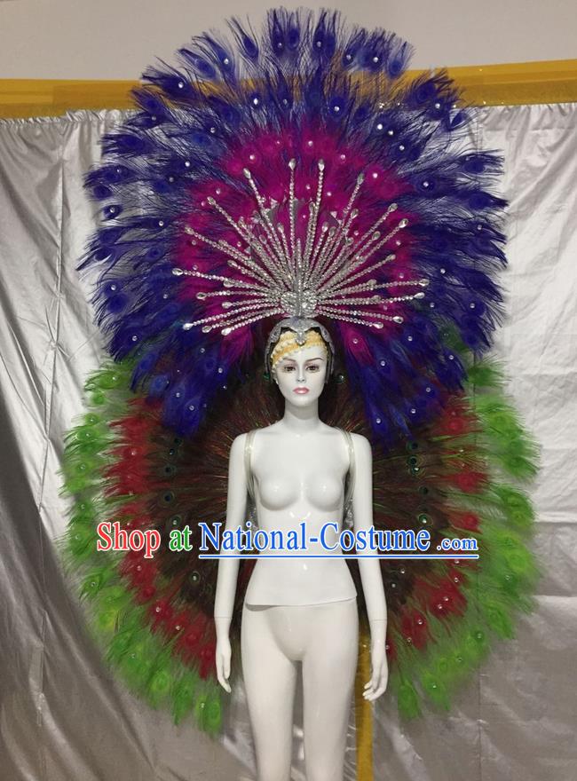 Top Grade Compere Professional Performance Catwalks Green Feather Wings Costume and Headpiece, Traditional Brazilian Rio Carnival Samba Opening Dance Suits Clothing for Women