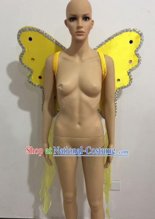 Top Grade Professional Stage Show Catwalks Halloween Yellow Butterfly Wings, Brazilian Rio Carnival Samba Opening Dance Custom-made Customized Backboard Accessories Props for Women