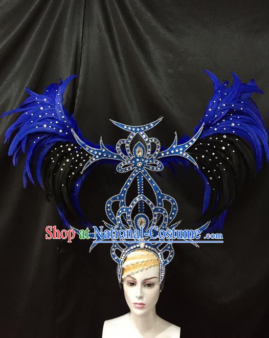 Top Grade Professional Stage Show Catwalks Brazil Parade Giant Blue Feather Headpiece, Brazilian Rio Carnival Samba Opening Dance Modern Fancywork  Big Hair Accessories Decorations for Women