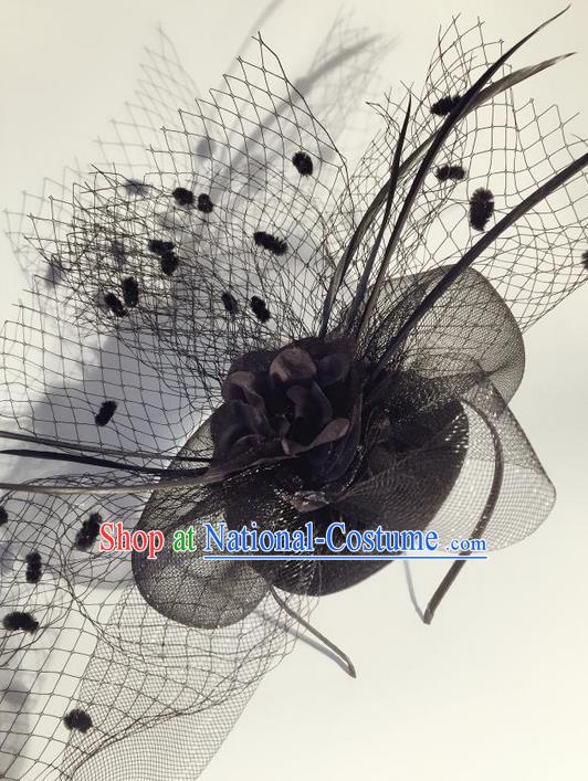 Top Grade Chinese Theatrical Luxury Headdress Ornamental Black Veil Hair Clasp, Halloween Fancy Ball Ceremonial Occasions Handmade Headwear for Men