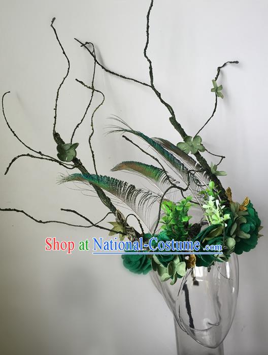 Top Grade Chinese Theatrical Luxury Headdress Ornamental Green Flowers Hair Accessories, Halloween Fancy Ball Ceremonial Occasions Handmade Witch Headwear for Women