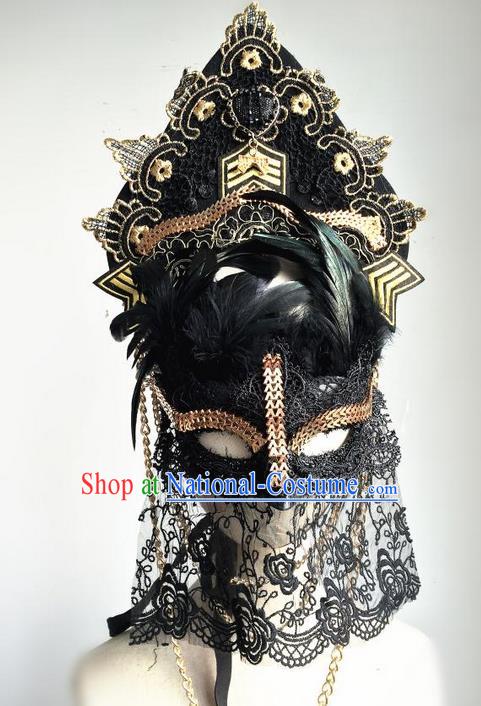 Top Grade Chinese Theatrical Luxury Headdress Ornamental Black Lace Mask and Headwear, Halloween Fancy Ball Ceremonial Occasions Handmade Mask Hair Accessories for Women