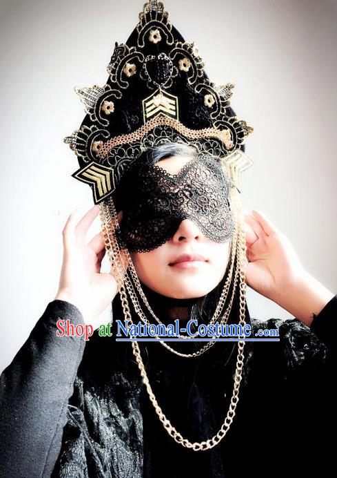 Top Grade Chinese Theatrical Luxury Headdress Ornamental Black Lace Mask and Headwear, Halloween Fancy Ball Ceremonial Occasions Handmade Mask Hair Accessories for Women