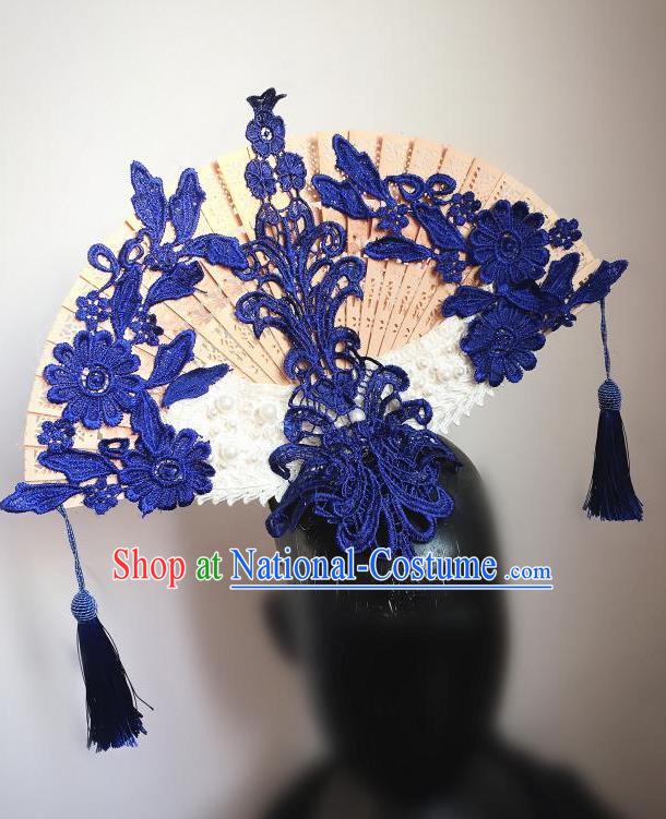 Top Grade Chinese Theatrical Headdress Ornamental Asian Headpiece Blue Flowers Floral, Halloween Fancy Ball Ceremonial Occasions Handmade Manchu Headwear for Women