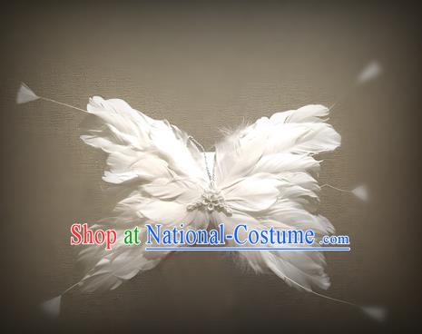 Top Grade Chinese Theatrical Luxury Headdress Ornamental White Butterfly Hair Clasp, Halloween Fancy Ball Ceremonial Occasions Handmade Feather Hair Accessories for Women