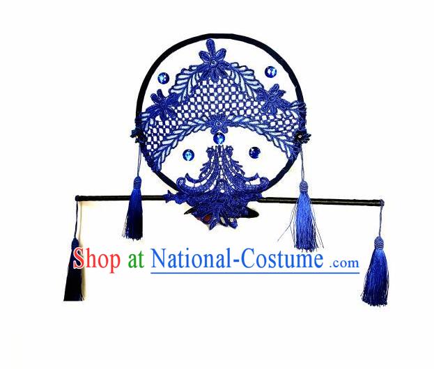 Top Grade Chinese Theatrical Headdress Ornamental Asian Headpiece Blue Fanshaped Flowers Floral, Halloween Fancy Ball Ceremonial Occasions Handmade Manchu Headwear for Women