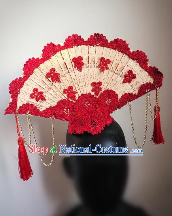 Top Grade Chinese Theatrical Headdress Ornamental Asian Headpiece Red Flowers Floral, Halloween Fancy Ball Ceremonial Occasions Handmade Manchu Headwear for Women