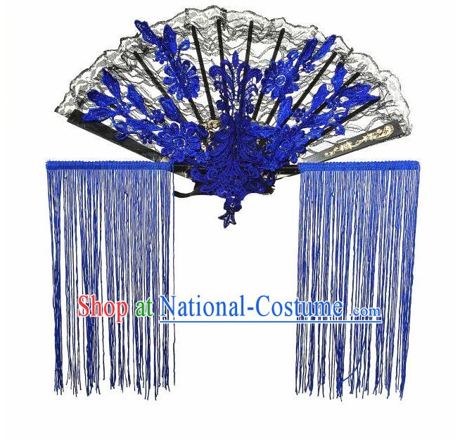 Top Grade Chinese Theatrical Headdress Ornamental Asian Headpiece Blue Fanshaped Floral Hair Accessories, Halloween Fancy Ball Ceremonial Occasions Handmade Tassel Headwear for Women