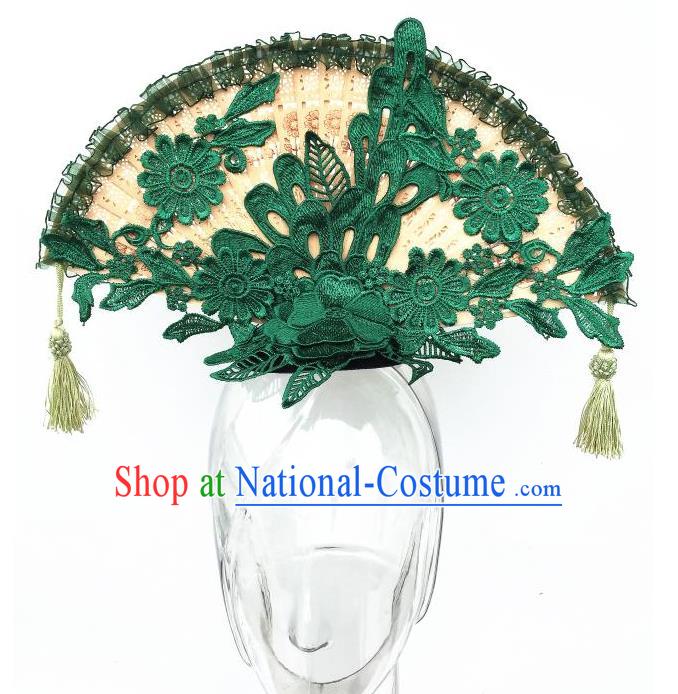 Top Grade Chinese Theatrical Headdress Ornamental Asian Green Lace Fanshaped Floral Hair Accessories, Halloween Fancy Ball Ceremonial Occasions Handmade Headwear for Women