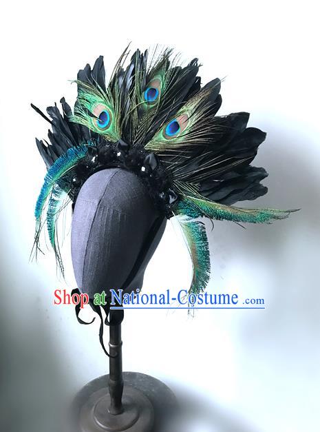 Top Grade Chinese Theatrical Headdress Ornamental Asian Peacock Feathers Hair Accessories, Halloween Fancy Ball Ceremonial Occasions Handmade Headwear for Women