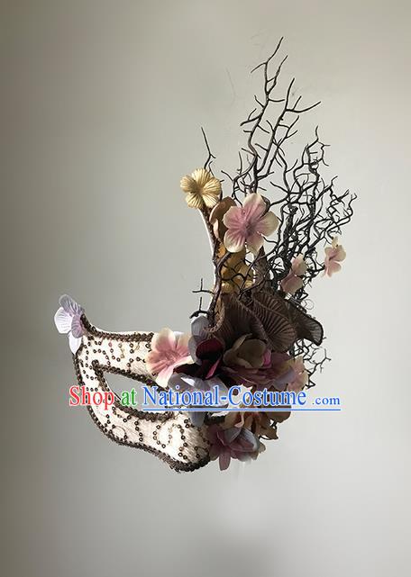 Top Grade Chinese Theatrical Headdress Ornamental Pink Flowers Mask, Halloween Fancy Ball Ceremonial Occasions Handmade Lace Face Mask for Women