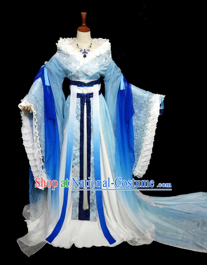 Traditional Ancient Chinese Young Lady Fairy Blue Costume, Chinese Tang Dynasty Princess Embroidered Dress Clothing for Women