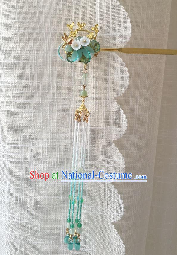 Asian Chinese Traditional Headdress Green Beads Tassel Hair Accessories Hairpins, China Ancient Handmade Bride Hanfu Step Shake Flowers Hair Stick Headwear for Women