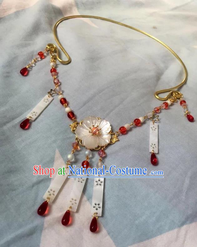 Asian Chinese Traditional Headdress Pearls Tassel Necklace, China Ancient Handmade Bride Hanfu Red Crystal Collar Necklet for Women