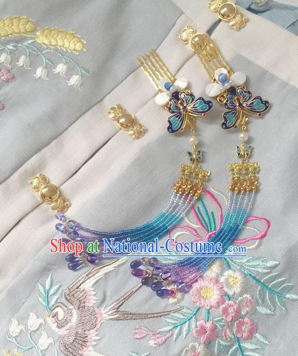 Asian Chinese Traditional Headdress Blueing Butterfly Beads Hair Accessories Hairpins, China Ancient Handmade Bride Hanfu Tassel Step Shake Headwear for Women