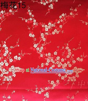 Asian Chinese Traditional Embroidery White Plum Blossom Red Silk Fabric, Top Grade Brocade Embroidered Tang Suit Hanfu Dress Fabric Cheongsam Material