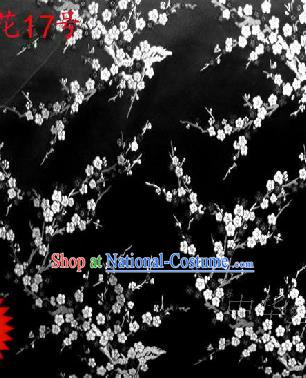 Asian Chinese Traditional Embroidery White Plum Blossom Black Silk Fabric, Top Grade Brocade Embroidered Tang Suit Hanfu Dress Fabric Cheongsam Material