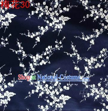 Asian Chinese Traditional Embroidery White Plum Blossom Navy Silk Fabric, Top Grade Brocade Embroidered Tang Suit Hanfu Dress Fabric Cheongsam Material