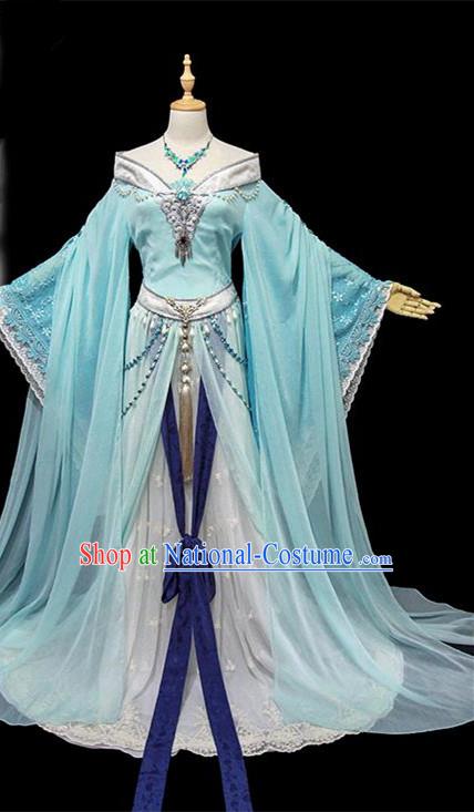 Traditional Ancient Chinese Imperial Concubine Embroidered Blue Costume, Chinese Tang Dynasty Princess Dress Hanfu Clothing for Women