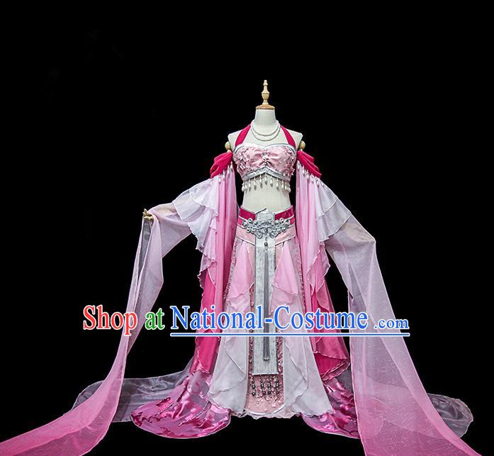 Traditional Ancient Chinese Palace Lady Embroidered Dance Costume, Chinese Tang Dynasty Princess Pink Water Sleeve Dress Hanfu Clothing for Women