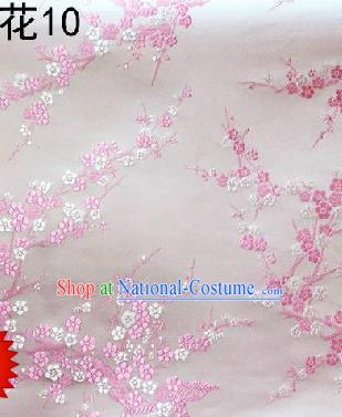 Asian Chinese Traditional Embroidery Pink Plum Blossom White Silk Fabric, Top Grade Brocade Embroidered Tang Suit Hanfu Dress Fabric Cheongsam Cloth Material