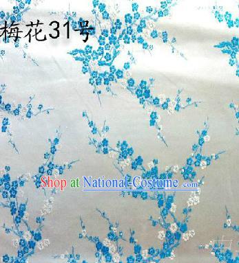 Asian Chinese Traditional Embroidery Blue Plum Blossom White Silk Fabric, Top Grade Brocade Embroidered Tang Suit Hanfu Dress Fabric Cheongsam Cloth Material