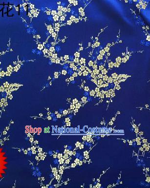 Asian Chinese Traditional Embroidery White Plum Blossom Royalblue Silk Fabric, Top Grade Brocade Embroidered Tang Suit Hanfu Dress Fabric Cheongsam Cloth Material