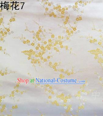 Asian Chinese Traditional Embroidery Golden Plum Blossom White Silk Fabric, Top Grade Brocade Embroidered Tang Suit Hanfu Dress Fabric Cheongsam Cloth Material