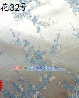 Asian Chinese Traditional Embroidery Blue Plum Blossom White Silk Fabric, Top Grade Brocade Embroidered Tang Suit Hanfu Dress Fabric Cheongsam Cloth Material