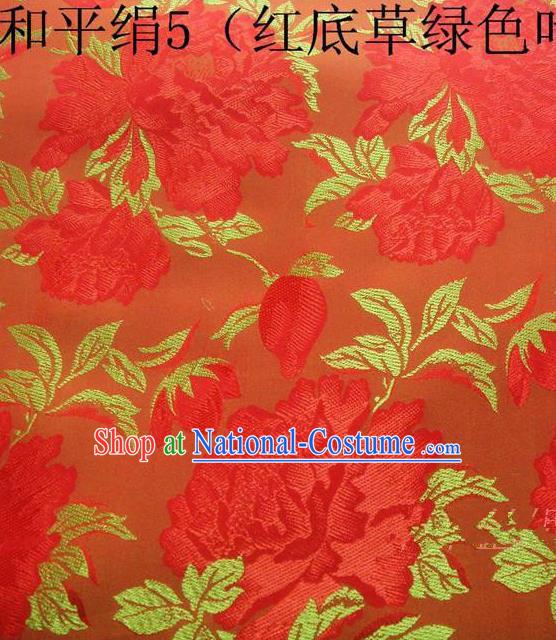 Asian Chinese Traditional Embroidered Red Flowers Orange Silk Fabric, Top Grade Arhat Bed Brocade Tang Suit Hanfu Dress Fabric Cheongsam Cloth Material