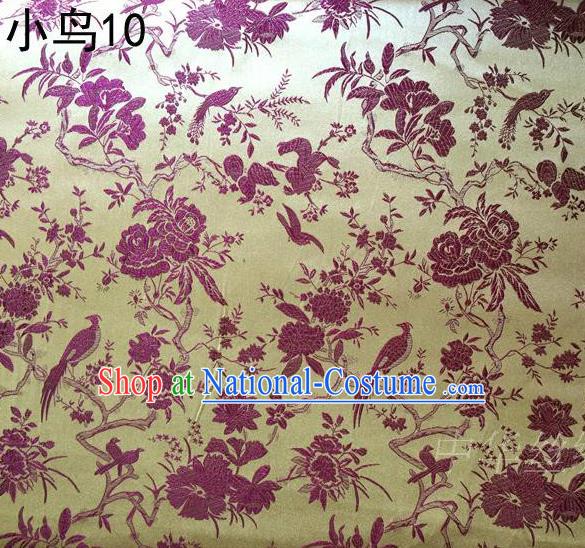 Asian Chinese Traditional Embroidery Purple Magpie Plum Blossom Satin Golden Silk Fabric, Top Grade Brocade Tang Suit Hanfu Full Dress Fabric Cheongsam Cloth Material