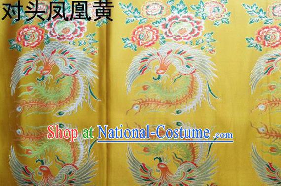 Traditional Asian Chinese Handmade Embroidery Phoenix Satin Tang Suit Yellow Fabric, Nanjing Brocade Ancient Costume Hanfu Xiuhe Suit Cheongsam Cloth Material