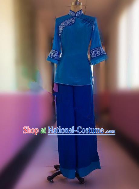 Traditional Ancient Chinese National Folk Yanko Dance Uniform, Elegant Hanfu China Classical Dance Dress Blue Clothing for Women