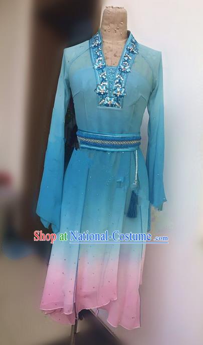 Traditional Ancient Chinese National Folk Yanko Dance Uniform, Elegant Hanfu China Classical Dance Dress Blue Clothing for Women