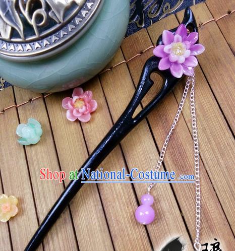 Traditional Handmade Chinese Ancient Classical Hair Accessories Ebony Hairpins, Princess Purple Flower Tassel Step Shake Headpiece for Women