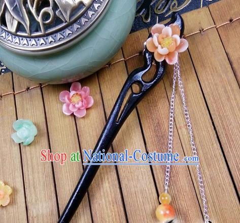 Traditional Handmade Chinese Ancient Classical Hair Accessories Ebony Hairpins, Princess Orange Flower Tassel Step Shake Headpiece for Women