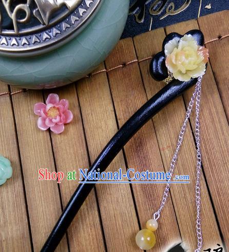 Traditional Handmade Chinese Ancient Classical Hair Accessories Ebony Hairpins, Princess Yellow Flower Tassel Step Shake Headpiece for Women