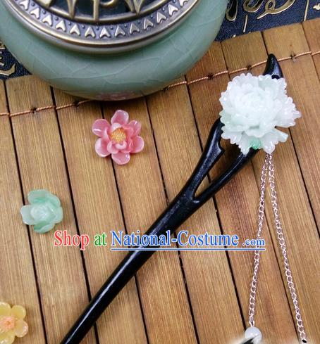 Traditional Handmade Chinese Ancient Classical Hair Accessories Ebony Hairpins, Princess Blue Flower Tassel Step Shake Headpiece for Women