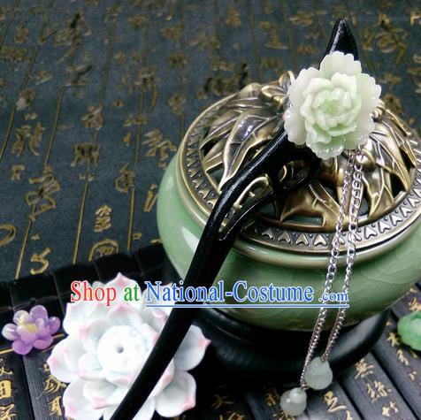 Traditional Handmade Chinese Ancient Classical Hair Accessories Ebony Hairpins, Princess Green Peony Tassel Step Shake Headpiece for Women