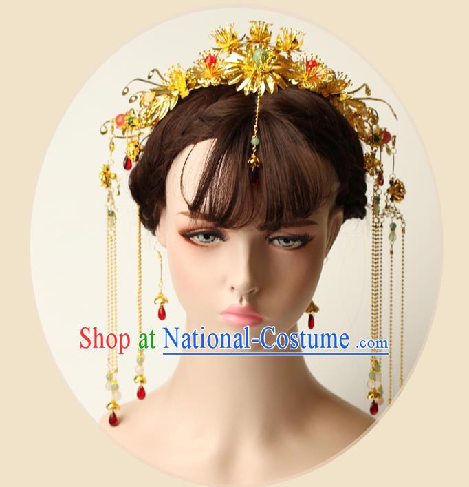 Chinese Ancient Style Hair Jewelry Accessories Wedding Phoenix Coronet Complete Set, Hanfu Xiuhe Suits Step Shake Bride Handmade Hairpins for Women