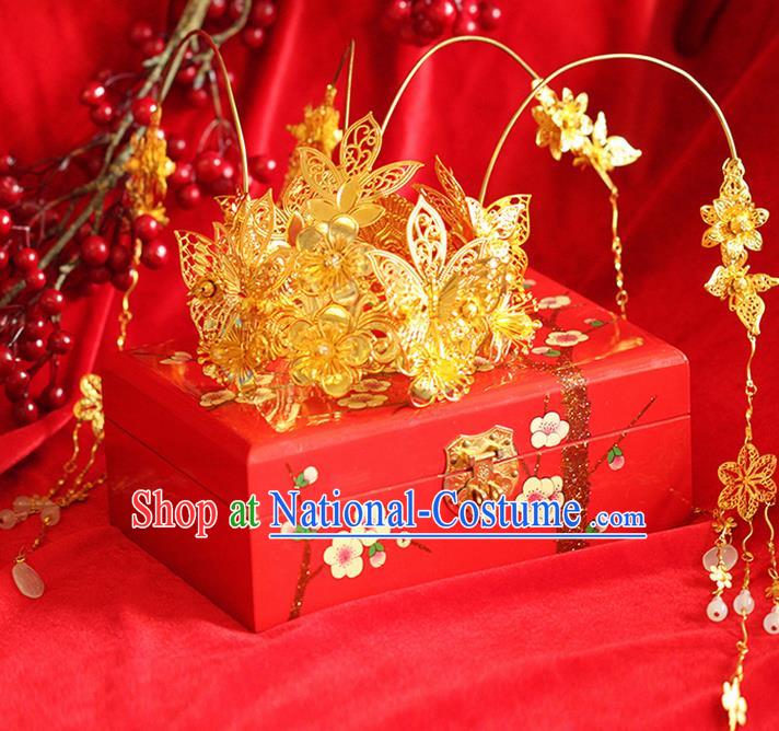 Asian Chinese Ancient Style Hair Jewelry Accessories Wedding Tassel Golden Step Shake , Hanfu Xiuhe Suits Bride Handmade Phoenix Coronet for Women