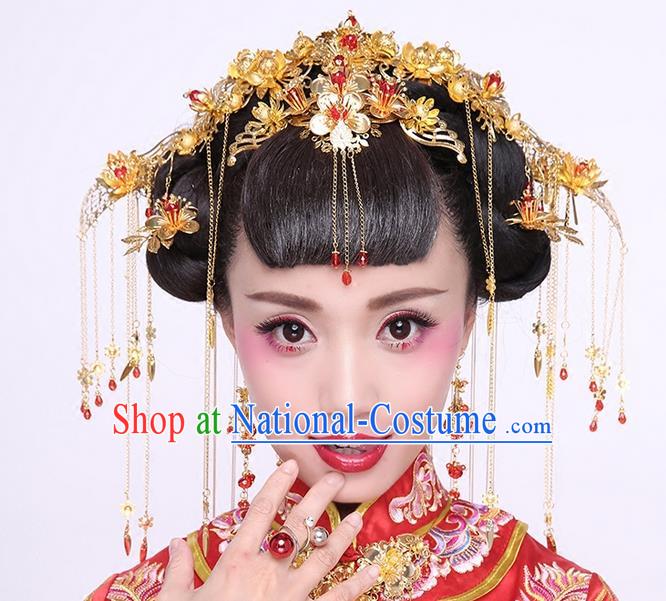 Chinese Ancient Style Hair Jewelry Accessories Wedding Phoenix Coronet Complete Set, Hanfu Xiuhe Suits Step Shake Bride Tuinga Handmade Hairpins for Women