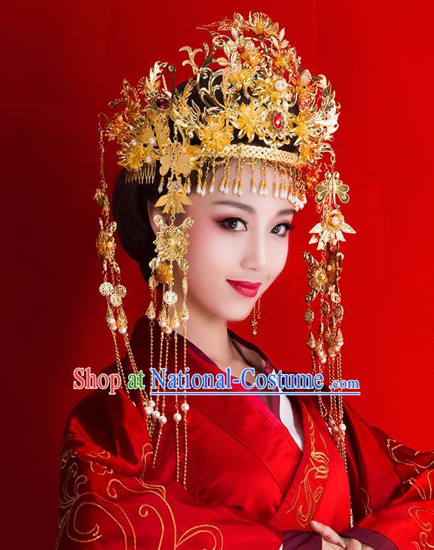 Chinese Ancient Style Hair Jewelry Accessories Wedding Luxury Tassel Hairpins, Hanfu Xiuhe Suits Step Shake Bride Tuinga Handmade Phoenix Coronet Complete Set for Women