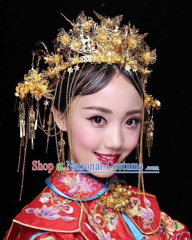 Chinese Ancient Style Hair Jewelry Accessories Wedding Luxury Tassel Hairpins, Hanfu Xiuhe Suits Step Shake Bride Tuinga Handmade Butterfly Phoenix Coronet for Women