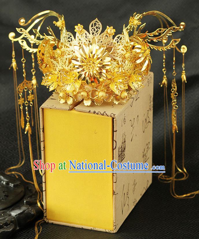 Chinese Ancient Style Hair Jewelry Accessories Wedding Tassel Hairpins, Hanfu Xiuhe Suits Step Shake Bride Tuinga Handmade Phoenix Coronet for Women