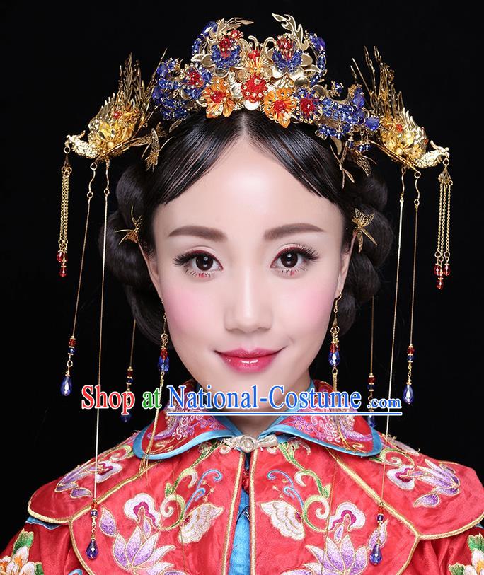 Chinese Ancient Style Hair Jewelry Accessories Wedding Tassel Hairpins, Hanfu Xiuhe Suits Step Shake Bride Handmade Phoenix Coronet Complete Set for Women