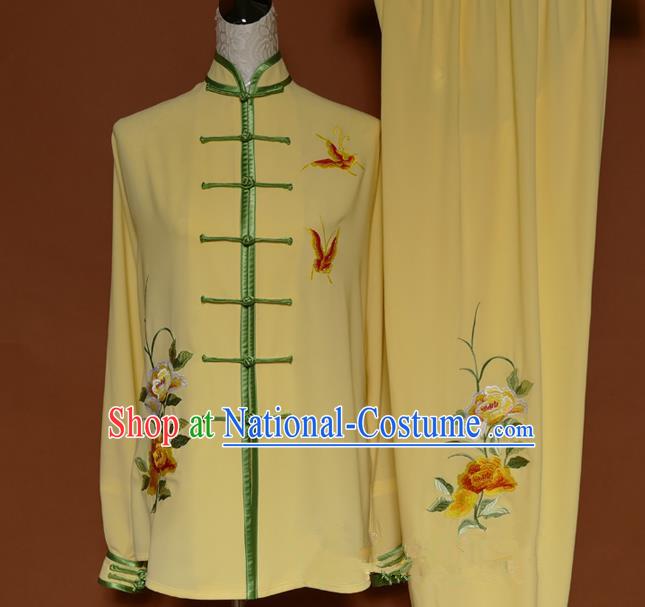 Top Grade Kung Fu Costume Asian Chinese Martial Arts Kung Fu Training Uniform, China Embroidery Butterfly Gongfu Shaolin Wushu Yellow Clothing for Women