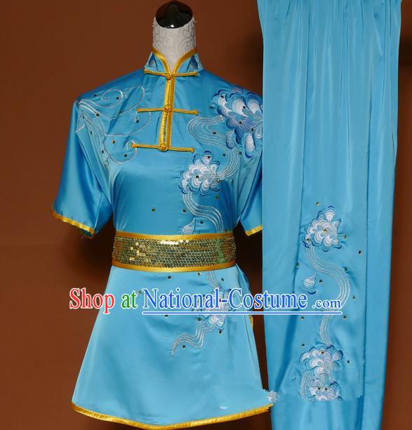 Top Grade Kung Fu Costume Asian Chinese Martial Arts Tai Chi Training Blue Uniform, China Embroidery Gongfu Shaolin Wushu Clothing for Men