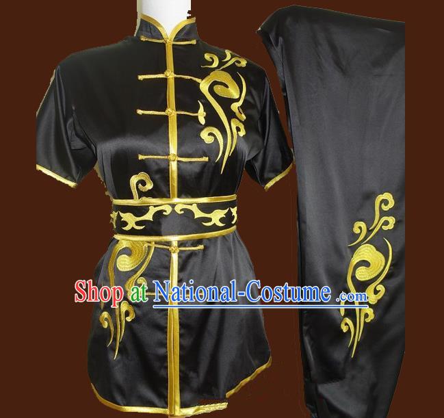 Top Grade Kung Fu Costume Asian Chinese Martial Arts Tai Chi Training Black Uniform, China Embroidery Gongfu Shaolin Wushu Clothing for Men for Women