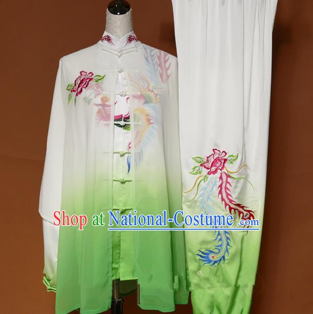 Top Grade Kung Fu Costume Asian Chinese Martial Arts Tai Chi Training White Uniform, China Embroidery Peony Phoenix Gongfu Shaolin Wushu Clothing for Women